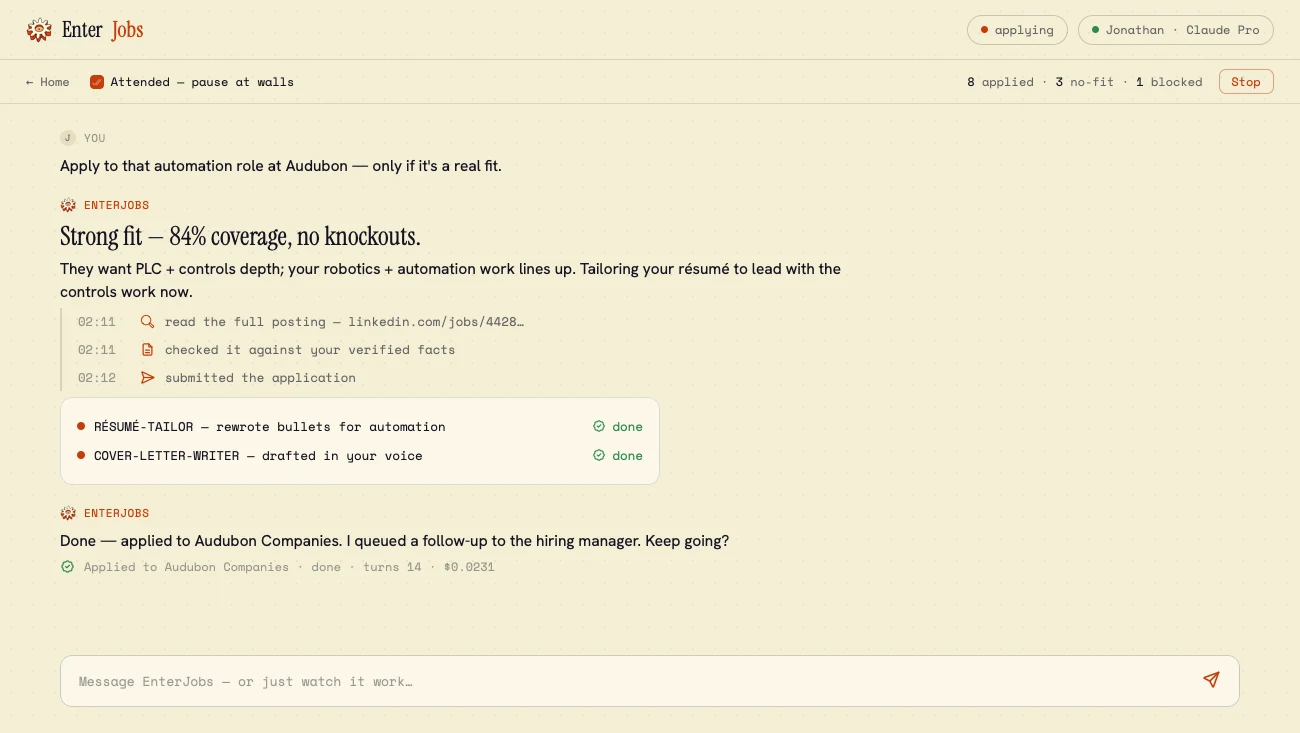 EnterJobs applying to a job — live activity, the specialist steps, and the result